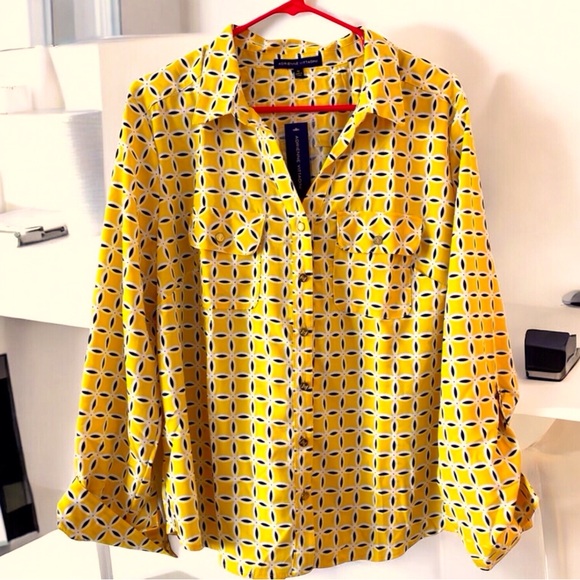 Adrienne Vittadini Tops - XL Adrienne Vittadini Yellow Geometric Print Blouse - Office Professional Career